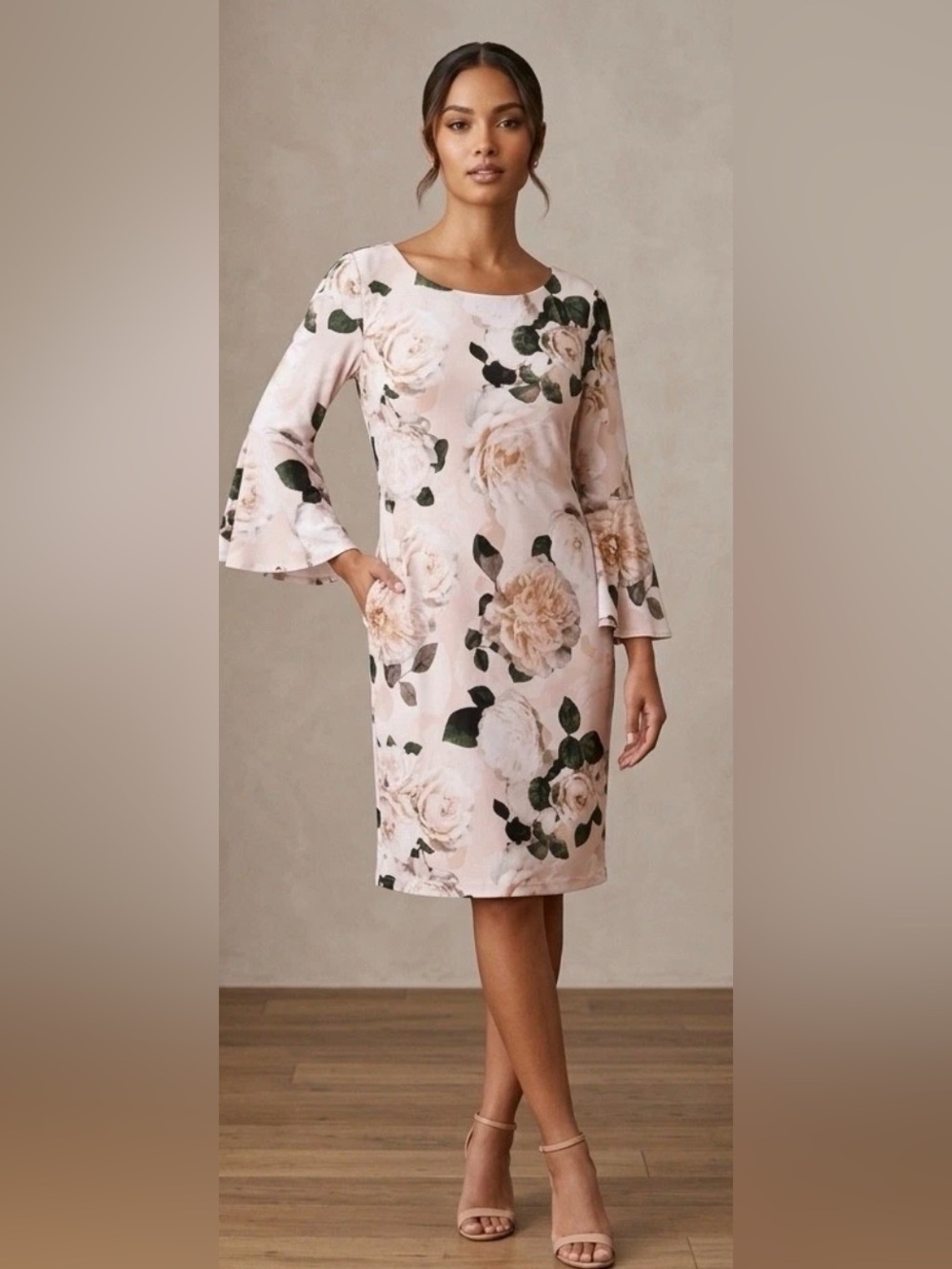 Calvin Klein Blush Floral Bell-Sleeve Midi Dress